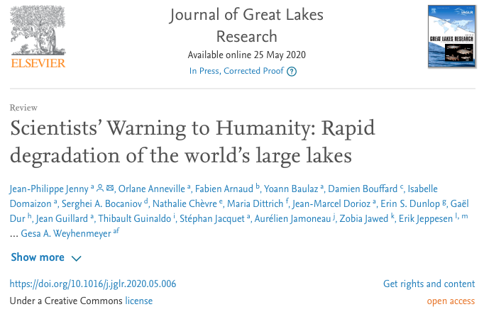 Scientists’ Warning to Humanity: Rapid degradation of the world’s large lakes